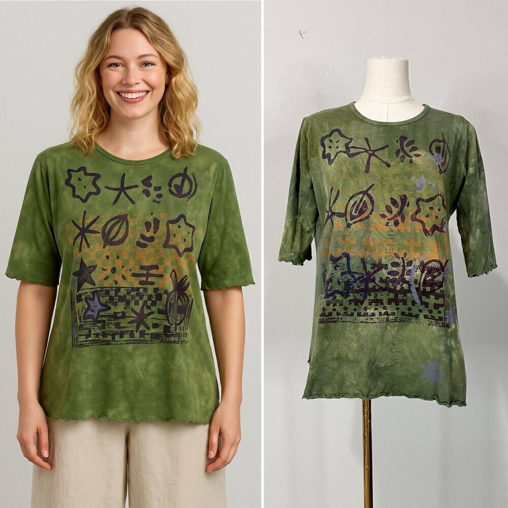 90s Blue Fish Hand Printed Organic Cotton Top Sz 0 / M Lagenlook Boho Artwear
